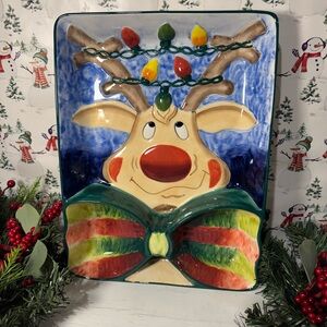 Clay Art Reindeer Platter Christmas Tray - Holidays 15" x 11.5” x 2”